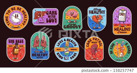 Medicine groovy label stickers, healthcare retro patches with vector slogans time to be healthy, care with love, care groovy, stay healthy, healing crew, the best take care, healthy mood, love health Medicine groovy label stickers, healthcare retro patches with vector slogans time to be healthy, care with love, care groovy, stay healthy, healing crew, the best take care, healthy mood, love health 138257747