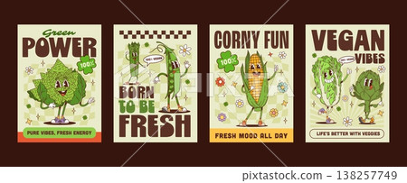 Funky groovy hippie green vegetables characters posters. Vibrant green peas, corn, Chinese, Romanesco cabbage, kale and artichoke with playful expressions. Retro vector posters of kitchen decor Funky groovy hippie green vegetables characters posters. Vibrant green peas, corn, Chinese, Romanesco cabbage, kale and artichoke with playful expressions. Retro vector posters of kitchen decor 138257749