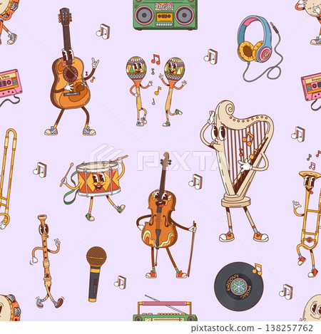 Groovy musical instruments vector seamless pattern. Cartoon guitar, cassette tape, microphone, maracas, vinyl record, harp, violin and drum quirky funky instrument characters dancing and playing music Groovy musical instruments vector seamless pattern. Cartoon guitar, cassette tape, microphone, maracas, vinyl record, harp, violin and drum quirky funky instrument characters dancing and playing music 138257762