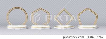 Marble stone podium with golden arch frames. 3d vector realistic stands or pedestals with geometric borders. White platforms or displays, exhibit or gallery bases mockups for product presentation 138257767