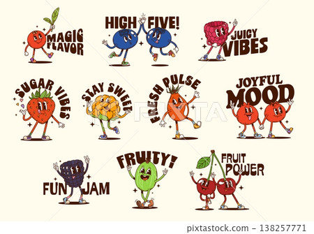 Ripe funky y2k groovy hippie berry fruits characters stickers. Vector slogans Magic flavor, high five, juicy vibes and sugar vibes. Stay sweet, fresh pulse, joyful mood, fun jam, fruity or fruit power Ripe funky y2k groovy hippie berry fruits characters stickers. Vector slogans Magic flavor, high five, juicy vibes and sugar vibes. Stay sweet, fresh pulse, joyful mood, fun jam, fruity or fruit power 138257771