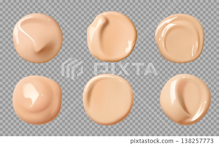 Beige foundation cream swatch, makeup and skincare cosmetics. Vector 3d splash drops of liquid foundation, makeup base, concealer and bb cream swatches with smooth texture on transparent background Beige foundation cream swatch, makeup and skincare cosmetics. Vector 3d splash drops of liquid foundation, makeup base, concealer and bb cream swatches with smooth texture on transparent background 138257773