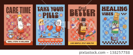 Healthcare and medicine hippie characters on y2k groovy posters. Cartoon vector retro funky cute pill capsules, bottle, tube and spray medical personage mascots with vintage 60s 70s old school vibe Healthcare and medicine hippie characters on y2k groovy posters. Cartoon vector retro funky cute pill capsules, bottle, tube and spray medical personage mascots with vintage 60s 70s old school vibe 138257788