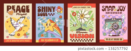 Retro groovy characters vector posters. Dove of peace, smiling star, happy daisy flower, funky cheerful camera whimsical characters on retro posters. Vintage y2k vertical cards with hippie personages Retro groovy characters vector posters. Dove of peace, smiling star, happy daisy flower, funky cheerful camera whimsical characters on retro posters. Vintage y2k vertical cards with hippie personages 138257792