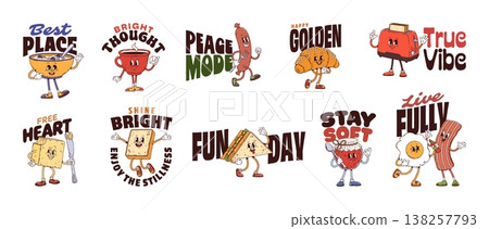 Breakfast food y2k groovy stickers. Cartoon vector cereal, coffee, sausage, croissant and toaster, butter, sandwich, jam, egg or bacon characters with motivational slogans bring fun and positive vibes 138257793