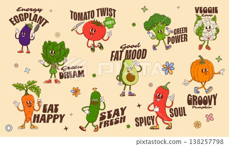 Funky y2k groovy vegetables stickers featuring dancing or walking characters. Funky vector eggplant, spinach, tomato, avocado, broccoli, cauliflower, carrot, cucumber, chili pepper, and pumpkin mascot Funky y2k groovy vegetables stickers featuring dancing or walking characters. Funky vector eggplant, spinach, tomato, avocado, broccoli, cauliflower, carrot, cucumber, chili pepper, and pumpkin mascot 138257798
