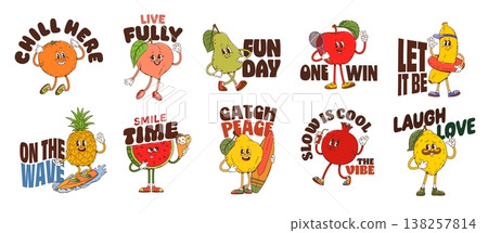 Funny tropical fruits y2k groovy stickers. Vector set of cartoon orange, peach, pear and apple, banana, pineapple or watermelon, lemon, pomegranate and lime, fruit characters with positive phrases Funny tropical fruits y2k groovy stickers. Vector set of cartoon orange, peach, pear and apple, banana, pineapple or watermelon, lemon, pomegranate and lime, fruit characters with positive phrases 138257814