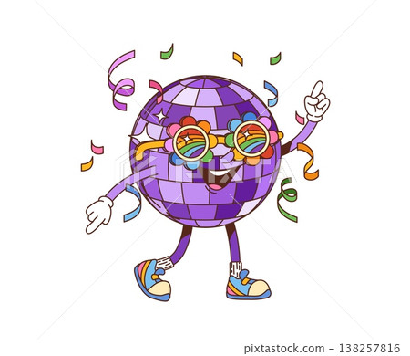 Groovy disco ball character wearing colorful hippie sunglasses and sneakers party dancing with happy smile and pointing hand under falling confetti. Cartoon vector retro personage light up dance floor Groovy disco ball character wearing colorful hippie sunglasses and sneakers party dancing with happy smile and pointing hand under falling confetti. Cartoon vector retro personage light up dance floor 138257816
