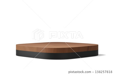 Realistic 3d wooden podium stage with black plate, cosmetic products promotion stand pedestal. Realistic vector square platform with rounded corners for beauty campaigns or digital advertising Realistic 3d wooden podium stage with black plate, cosmetic products promotion stand pedestal. Realistic vector square platform with rounded corners for beauty campaigns or digital advertising 138257818