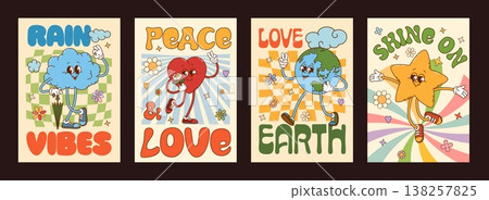 Cartoon retro groovy character posters, cute hippie peace, love and good vibe vector personages. Happy y2k Earth planet, heart, sun and cloud character posters on groovy psychedelic pattern background Cartoon retro groovy character posters, cute hippie peace, love and good vibe vector personages. Happy y2k Earth planet, heart, sun and cloud character posters on groovy psychedelic pattern background 138257825