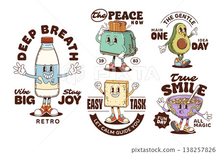 Breakfast funky groovy characters stickers and t shirt prints, morning food vector mascots. Cartoon funky milk bottle, toast bread and avocado characters. Retro groovy cereal bowl and toaster stickers 138257826