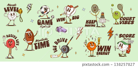 Sports y2k groovy stickers and funky labels. Vector badge or patch set with retro slogans and mascot of ball, racket, shuttlecock, whistle and trophy medal. Tennis football baseball basketball or golf 138257827