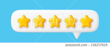 3d five star rate customer review feedback icon. Vector five gold stars in realistic speech bubble for customer satisfaction evaluation, quality rating, good service review rank and best product rate 138257829
