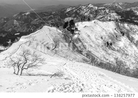 雪中攀登兵庫縣最高峰冰之山:從山頂到冰之山峠的攀登路線(供報紙雜誌參考) 雪中攀登兵庫縣最高峰冰之山:從山頂到冰之山峠的攀登路線(供報紙雜誌參考) 138257977