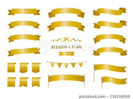 Glossy gold ribbon and flag decoration set. Luxurious metallic material. Glossy gold ribbon and flag decoration set. Luxurious metallic material. 138258099