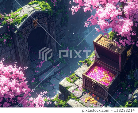 在盛開的櫻花叢中,一座古老的遺跡裡靜靜地躺著一個金色的寶箱。 在盛開的櫻花叢中,一座古老的遺跡裡靜靜地躺著一個金色的寶箱。 138258214