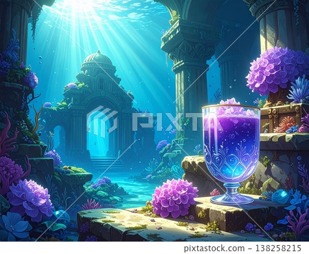 一杯奇幻的雞尾酒,擺放在陽光普照的水下神殿中。 一杯奇幻的雞尾酒,擺放在陽光普照的水下神殿中。 138258215
