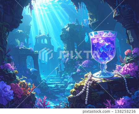 一杯奇幻的雞尾酒,擺放在陽光普照的水下神殿中。 一杯奇幻的雞尾酒,擺放在陽光普照的水下神殿中。 138258216