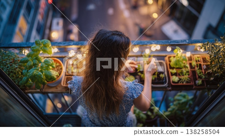 Woman tending lush balcony herb garden with string lights above busy city street at dusk, top view 138258504