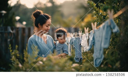 Young mother and toddler hanging baby clothes on a backyard clothesline in warm evening light 138258506