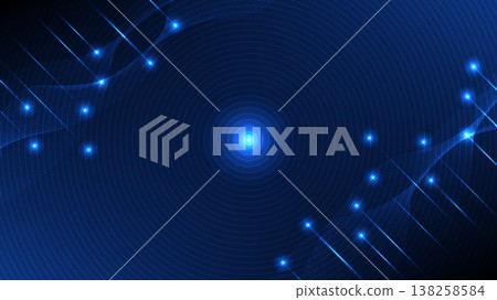 Futuristic dark blue background featuring concentric signal circles, glowing light rays and digital  138258584