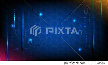 Digital cyberspace background with glowing hexagons, light rays and futuristic UI interface elements Digital cyberspace background with glowing hexagons, light rays and futuristic UI interface elements 138258587