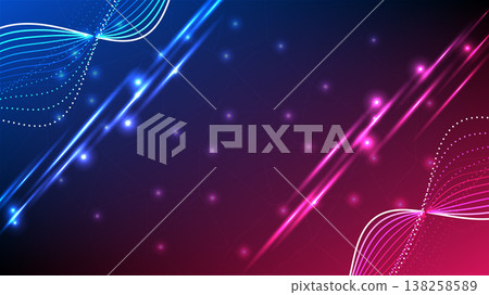 High tech digital background featuring glowing neon light streaks, wavy lines and bokeh particles 138258589