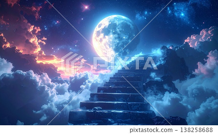 通往月球的階梯：一個奇幻、深邃、神秘的背景。 138258688