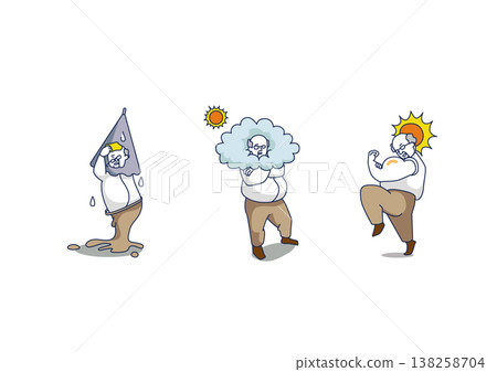 A set of emotional changes in a middle-aged man (rain, cloudy, sunny): A comparative illustration showing the progression from fatigue to recovery and energy. A set of emotional changes in a middle-aged man (rain, cloudy, sunny): A comparative illustration showing the progression from fatigue to recovery and energy. 138258704