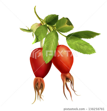 A vibrant watercolor illustration of a rosehip branch with berries. On an isolated background. Suitable for printing on wrapping paper, tableware, and packaging for tea and cosmetics. 138258781
