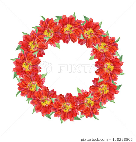 Watercolor floral wreath of red double tulips with yellow center and leaves on a white background. Spring flowers. Good for invitations, greeting cards, spring decor and wedding design Watercolor floral wreath of red double tulips with yellow center and leaves on a white background. Spring flowers. Good for invitations, greeting cards, spring decor and wedding design 138258805