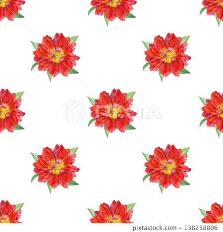 Watercolor spring flowers. Seamless pattern of red double tulips with green leaves on a white background. Ideal for textiles, wrapping paper, wallpaper, packaging and romantic designs 138258806