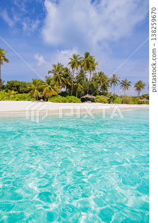 Crystal-clear tropical beach, palm trees, sandy shore, calm ocean waves, radiant summer holiday Crystal-clear tropical beach, palm trees, sandy shore, calm ocean waves, radiant summer holiday 138259670
