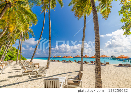 Idyllic Maldives tropical beach bar with chairs and palm trees, turquoise ocean, relaxing resort outdoor vacation scene 138259682