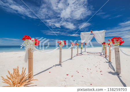 Dreamy beach wedding arch with flowers, panoramic ocean backdrop, luminous romantic honeymoon anniversary setting Dreamy beach wedding arch with flowers, panoramic ocean backdrop, luminous romantic honeymoon anniversary setting 138259703