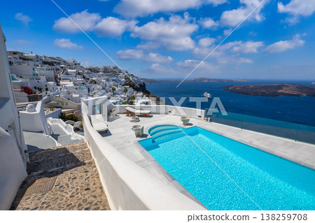 Elegant Santorini caldera swimming pool, historic white architecture, radiant sea bay and volcano view, dreamy summer Europe travel 138259708