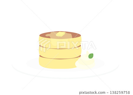 Three-tiered pancakes served with whipped cream and butter 138259758