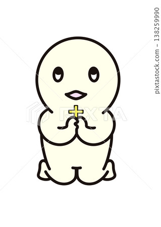 A simple figure kneeling, hands clasped together, holding a cross, and praying. 138259990