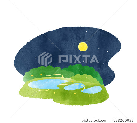 Terraced rice fields, fireflies, full moon, watercolor, cute, stylized, summer, night view, Japanese landscape, fantastical, countryside, background 138260055