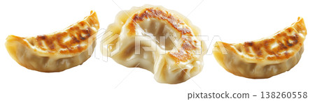 Pan-fried or steamed dumplings Jiaoz with golden crispy bottoms, isolated on white background, concept of Asian cuisine Pan-fried or steamed dumplings Jiaoz with golden crispy bottoms, isolated on white background, concept of Asian cuisine 138260558