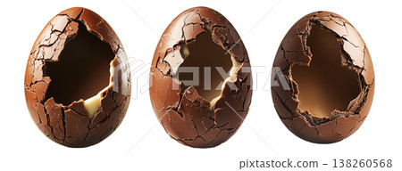 Set of Cracked Easter chocolate egg with hollow center, isolated on white transparent background. Festive holiday candy concept 138260568