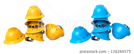 Set of construction safety helmets isolated on white transparent background, symbolizing safety and industry standards 138260575