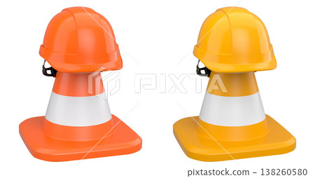 Stack of construction helmets and traffic cones isolated white background with clipping path, representing safety equipment Stack of construction helmets and traffic cones isolated white background with clipping path, representing safety equipment 138260580