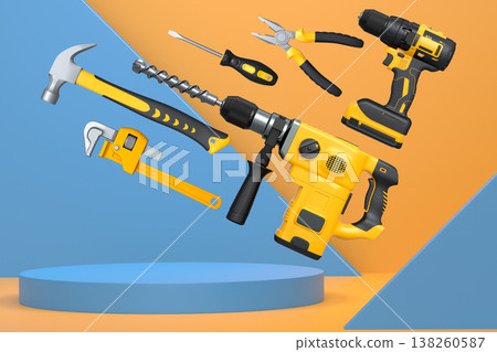 Construction tools and safety equipment floating over podium on abstract background, industrial work and protection concept Construction tools and safety equipment floating over podium on abstract background, industrial work and protection concept 138260587