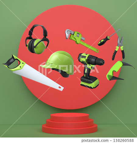 Construction tools and safety equipment floating over podium on abstract background, industrial work and protection concept Construction tools and safety equipment floating over podium on abstract background, industrial work and protection concept 138260588
