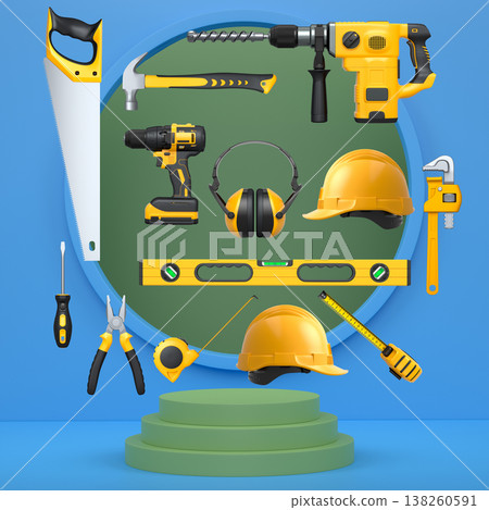 Construction tools and safety equipment floating over podium on abstract background, industrial work and protection concept Construction tools and safety equipment floating over podium on abstract background, industrial work and protection concept 138260591