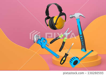 Construction tools and safety equipment floating over podium on abstract background, industrial work and protection concept Construction tools and safety equipment floating over podium on abstract background, industrial work and protection concept 138260593