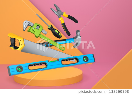 Construction tools and safety equipment floating over podium on abstract background, industrial work and protection concept Construction tools and safety equipment floating over podium on abstract background, industrial work and protection concept 138260598