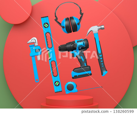 Construction tools and safety equipment floating over podium on abstract background, industrial work and protection concept 138260599