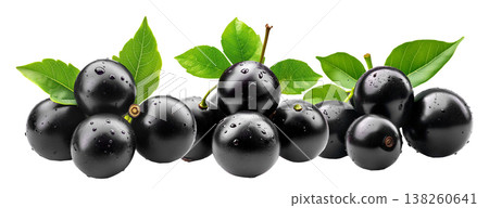 Fresh ripe black jamun fruits or jabuticaba with green leaves, isolated on white background. Concept of tropical summer fruits 138260641
